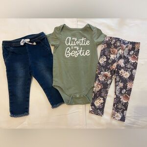 Cat & Jack Green Onesie, Jeans & Floral Leggings